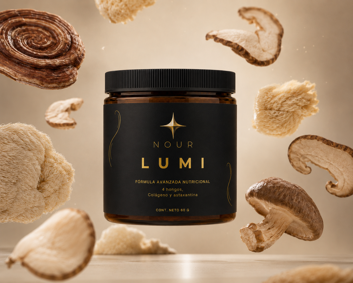 Frasco NOUR LUMI con hongos funcionales flotando
